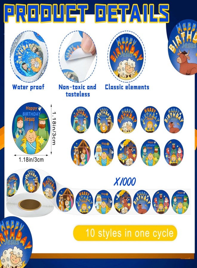 Resurhang 1000 Pcs Christmas Happy Birthday Jesus Stickers for Kids Religious Christmas Nativity Church Christian Sticker Roll Sunday School Classroom Party Favor Supplies Decoration - Image 2